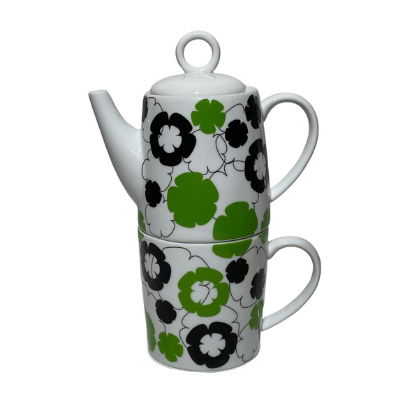 Stackable Teapot And Cup Set Bold Modern Flower Power Stir Gift Navy Blue Green - Picture 4 of 13